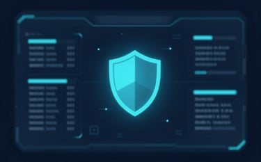 A high-tech, minimalist digital security interface showing data streams and a shield icon glowing in #00BCD4 cyan against a deep #0F1C2E background. Professional, secure, and technical atmosphere.