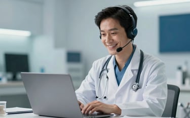 A professional doctor wearing a headset and a white coat, looking at a laptop screen with a warm, empathetic smile. The background is a clean, modern medical office with soft lighting and professional accents in teal (#1E5C6B) and navy (#0C212B).