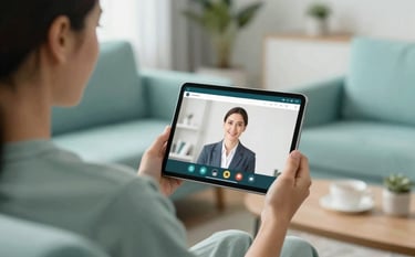 A patient sitting comfortably in a modern, bright living room, holding a tablet during a video consultation. The tablet shows a professional interface. The mood is calm and reliable, with soft teal (#5BA8A1) furniture accents.