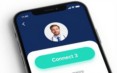 Close-up of a high-resolution smartphone screen showing a sleek medical app with a doctor's profile and 'Connect' button. Minimalist and high-tech aesthetic using the brand's navy (#0C212B) and aqua (#5BA8A1) palette.