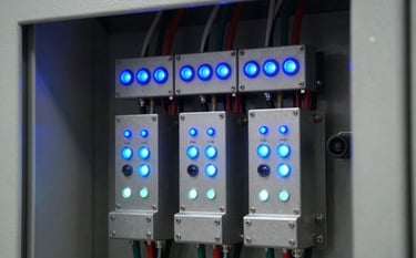 Close-up photography of a high-tech industrial automation control panel. The image shows organized wiring and glowing royal blue and ice blue indicator lights on steel components. The lighting is crisp, highlighting the technical expertise and reliability of the system.