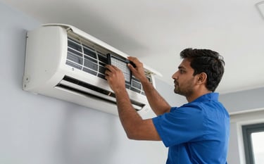 A professional South Asian / Indian technician in a clean blue uniform carefully cleaning the filter of a white split AC unit mounted on a light gray wall. The room is modern and bright, representing a home in Noida. High-quality photography, natural lighting.