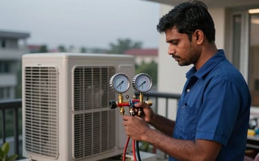 A South Asian / Indian technician checking the pressure levels of an air conditioning unit using a manifold gauge. The setting is a balcony in a residential area of Noida at dusk. The lighting is calm and reassuring, highlighting technical expertise.