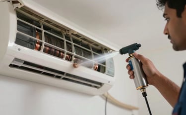 Close-up of a South Asian / Indian technician's hands using a specialized jet spray to deep clean the internal copper coils of an air conditioner. The setting is a clean, contemporary apartment. Style is professional, focusing on efficiency and care.