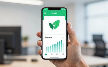 A close-up shot of a professional hand holding a smartphone showing a modern app interface with energy saving charts and a green leaf icon. In the background, there is a soft-focus office interior. The image conveys reliability, ease of use, and tech-forward solutions, using the brand colors #326B5E and #8ECFC4 in the digital interface design.