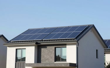 A high-quality, professional photograph of a modern residential home with sleek solar panels on the roof under a clear blue sky. The lighting is bright and natural, emphasizing a clean and sustainable lifestyle. The composition is a wide shot showing the integration of technology with modern architecture, incorporating tones of #0A1C2C in the shadows and #8ECFC4 in the sky reflections.