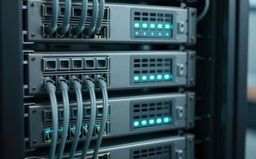 Close-up photography of organized network server racks in a data center. The scene is illuminated with professional muted teal and soft sky blue LED indicators. The focus is on the precision and quality of the cabling, symbolizing cutting-edge network solutions and reliability.
