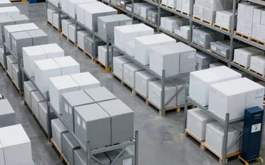 A high-angle, minimalist professional photograph of a bright logistics warehouse. Organized rows of white and ice gray boxes on metallic shelving. Soft, even lighting highlights a clean floor. Subtle midnight blue accents on equipment. Human-centric but executive atmosphere.