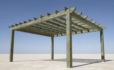 A low-angle shot of a newly finished premium cedar pergola with an olive sage finish, standing over a clean off-white paved area. The construction is minimal and modern. Blue sky is visible through the timber slats. High-end architectural photography, focus on clean lines and joinery.