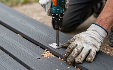 A close-up shot of a pair of hands wearing rugged work gloves using a professional drill to secure a dark charcoal composite deck plank. Wood shavings are visible on the timber texture. Sharp focus on the hands and tools, representing real craftsmanship. Natural outdoor lighting.