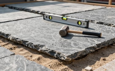 A professional wide-angle shot of a high-end stone patio under construction. The stones are slate gray, meticulously leveled on a base of sand. A professional spirit level and a mallet lie on the surface. No people visible. Sophisticated morning light casting soft shadows across the backyard project.