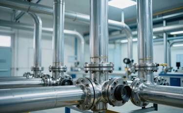 Polished industrial piping and fluid management systems inside a modern European / French building utility room. Soft natural light reflects off steel surfaces with pale ice blue tones, creating a sense of technical mastery.