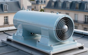 A detailed close-up of a high-end industrial ventilation system on a rooftop in a European / French city. The lighting is crisp and modern, emphasizing the clean lines and steel textures of the equipment. Color palette includes soft dusty blue and pale ice blue highlights.