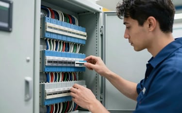A professional technician in a European / French facility inspecting a modern, well-organized electrical control panel. The scene is shot with technical precision, showing steel blue components and clean wiring under bright, cool lighting.