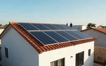 A wide shot of a modern sustainable house in a Global Hispanic residential area, with sleek solar panels being installed on a terracotta roof under a bright, clear sky. Professional technicians are visible in the distance. The lighting is warm and natural, emphasizing clean energy and professional quality. Colors include light blue and medium blue tones in the sky and equipment.