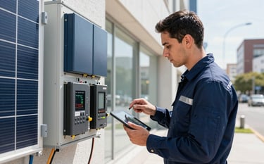 A professional technician in a clean navy uniform inspecting a complex solar inverter system on the side of a modern building. He is using a digital tablet to monitor energy output. The scene is bright and professional, set in a sunny Global Hispanic urban area. Colors of medium blue and dark blue are prominent.