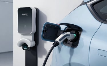 Close-up of a modern electric car charging at a sleek white wall-mounted station in a clean, brightly lit garage. The charging cable is plugged in, and a subtle glowing light indicates a full charge. The aesthetic is futuristic and professional, with a palette of dark blue and light blue. Global Hispanic architectural style.