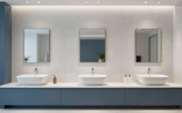 A sophisticated display of modern ceramic tiles and elegant bathroom fixtures in a professional showroom. The composition is minimalist and clean, using the brand colors #ECEFF1 and #546E7A to convey credibility and quality.