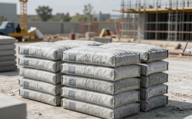 A clean, professional photograph of high-quality cement bags and stacked bricks on a modern construction site. The lighting is bright and natural, emphasizing reliability. The color palette incorporates shades of #546E7A and #90A4AE in the environment.