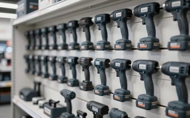 An organized wall display of professional-grade power tools and hardware in a modern retail setting. The lighting is sharp and industrial, featuring a color palette of #263238 and #546E7A.