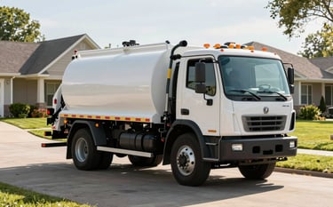 A clean, professional septic pumping truck parked in a suburban North American driveway. The lighting is bright morning sun, highlighting the well-maintained equipment and the reliability of the service. Professional setting with a green lawn in the background.