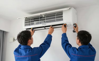 Two efficient technicians carefully mounting a split AC indoor unit onto a clean wall. They are using professional levels and drills. Clean workspace, modern home design, wearing professional attire in shades of blue.