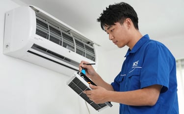 A professional technician from ICE Cooling Solutions, wearing a blue branded uniform, meticulously cleaning the internal filters of a modern white split AC unit. Bright indoor lighting, modern residential setting, clean aesthetic with blue and white tones.