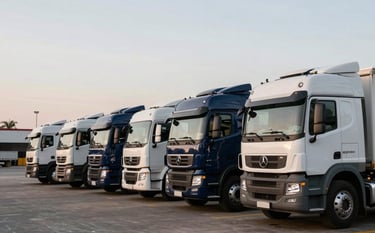 A line of modern freight trucks parked at a logistics terminal in Brazil, clean architecture, early morning soft lighting, professional and organized atmosphere, Dark Navy and Off-white palette.
