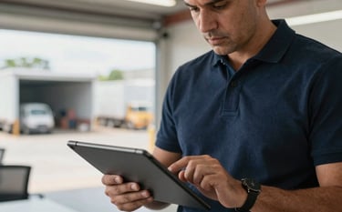 A close-up of a professional logistical planner using a digital tablet in a bright South American office overlooking a loading bay, serious and focused mood, Dark Navy and Steel Blue tones.