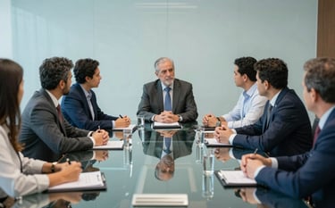 Photography of a collaborative meeting in a Brazilian corporate boardroom. Professionals are engaged in a strategic discussion around a large glass table. The setting is professional and sophisticated, with light blue and medium blue tones.
