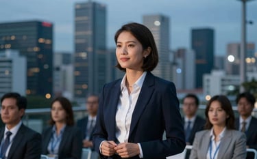Photography of a high-end corporate seminar in a South American city. A blurred background shows a modern skyline at dusk. The scene conveys a professional, sophisticated, and empowering atmosphere with dark blue and pale blue lighting.