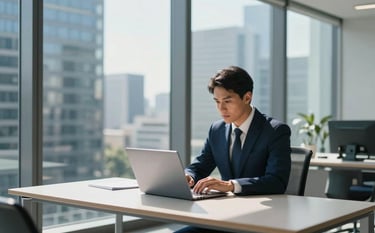 Professional photography of a modern, sunlit office in a South American business district. A professional is working at a clean, minimalist desk with a laptop. The atmosphere is sophisticated and empowering, using a color palette of dark blue and pale blue.