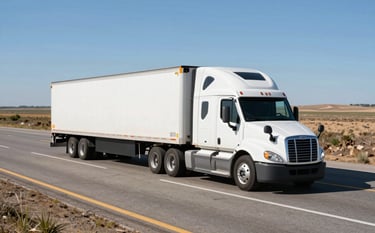 Photography of a modern white dry van semi-truck driving on a vast North American highway under a clear blue sky. The scene is bright and professional, incorporating off-white and steel blue tones. High-angle perspective showing the length of the trailer.