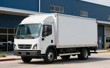 Photography of a clean white box truck navigating an industrial business park in North America. Bright, natural lighting, sharp focus on the vehicle, with a background of modern warehouse architecture in shades of steel blue and dark navy.