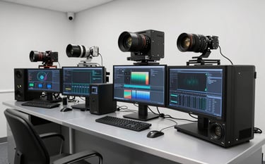 A sophisticated media production studio in London with high-end digital equipment. The interior features cloud white walls and cool silver accents. A professional setting that conveys expertise in technology and digital content industries.