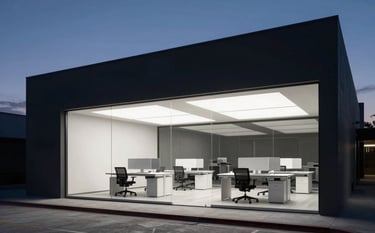 A minimalist architectural office space in Los Angeles at twilight. Deep obsidian accents and cloud white lighting highlight a clean, forward-thinking tech laboratory style environment. The mood is trustworthy and sophisticated.