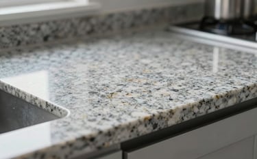 Close-up of a sparkling clean kitchen surface after a construction project. Fine details of polished granite and stainless steel reflecting soft light. Clean, modern aesthetic using the brand's cool color palette.