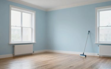 A bright, minimalist residential living room with polished wooden floors and large windows. The mood is serene and impeccably clean. Professional cleaning tools are visible but subtle. Colors incorporate the palette's soft blues #A8D0DB and whites #F0F4F8.