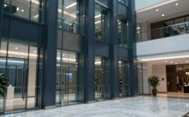 The lobby of a modern commercial building with glass elevators and marble floors reflecting the ceiling lights. The atmosphere is professional and prestigious. Hints of dark navy #1A202C and muted blue #3F6C7D in the decor.