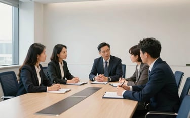 A group of focused professionals in a sleek, modern North American / US corporate boardroom discussing a plan. The environment is bright with soft off-white walls and deep navy blue furniture accents. The lighting is clean and natural, emphasizing a sophisticated and trustworthy business atmosphere.