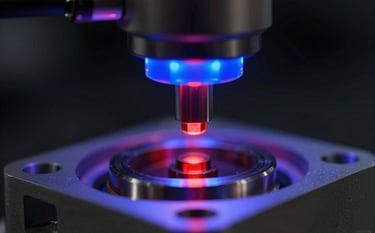 Extreme close-up of a precision engine component being inspected under a specialized blue and red LED light system, professional macro photography with sharp focus and deep black background.