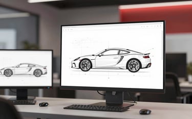 Clean, modern design studio featuring digital blueprints of car parts on monitors, professional atmosphere with subtle crimson lighting accents, minimalist and sophisticated.
