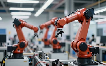 High-tech automotive assembly line with precision robotic arms, soft industrial lighting, incorporating professional brand colors like crimson highlights on equipment, cinematic and modern style.