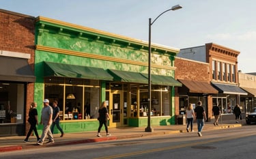 A wide photography shot of a bustling, revitalized commercial street in North American / US - Tulsa, Oklahoma. People are walking past a newly opened small business with a vibrant green and goldenrod storefront. The scene is bathed in warm, golden late-afternoon sunlight.