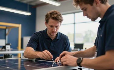 A close-up photograph of a collaborative job training session in a modern facility in North American / US - Tulsa, Oklahoma. Two focused individuals are working together on a technical project with solar energy equipment. Bright, natural lighting with navy blue and goldenrod accents in the background.