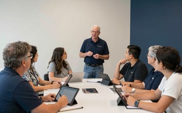 A documentary-style photograph of an engaging community workshop in North American / US - Tulsa, Oklahoma. Adults and youth are gathered around a table with tablets and notebooks, listening to an inspiring speaker in a bright, modern room decorated in cream and navy blue.
