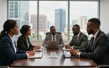 A sophisticated West African boardroom in a Lagos high-rise. Professional associates are engaged in a meeting around a dark wood table. Large windows reveal a modern skyline in the background. The lighting is crisp and modern, emphasizing trust and reliability.