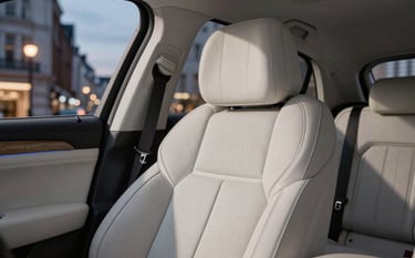 Close-up photography of a luxury vehicle's leather interior, showcasing high-quality stitching and a clean, sophisticated dashboard. Evening London city lights are blurred through the window.
