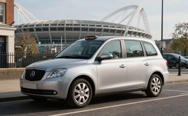 A clean, modern silver sedan taxi parked on a quiet European street in the Wembley area, with the iconic stadium arch visible in the far background. Bright afternoon lighting, professional photography style.