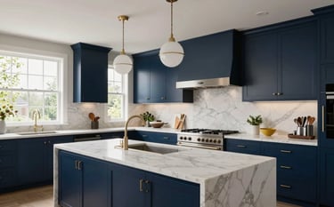 A wide-angle interior photograph of a modern, high-end North American kitchen remodel. Features include white marble countertops, sleek navy blue cabinetry, and designer lighting. Soft natural lighting through large windows, sophisticated professional architectural style.